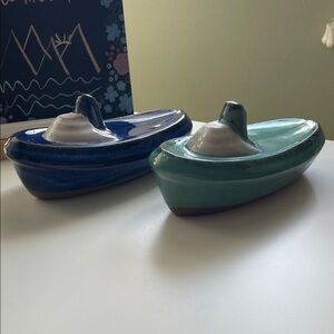 Pottery Boat Figurines in Blue & Green